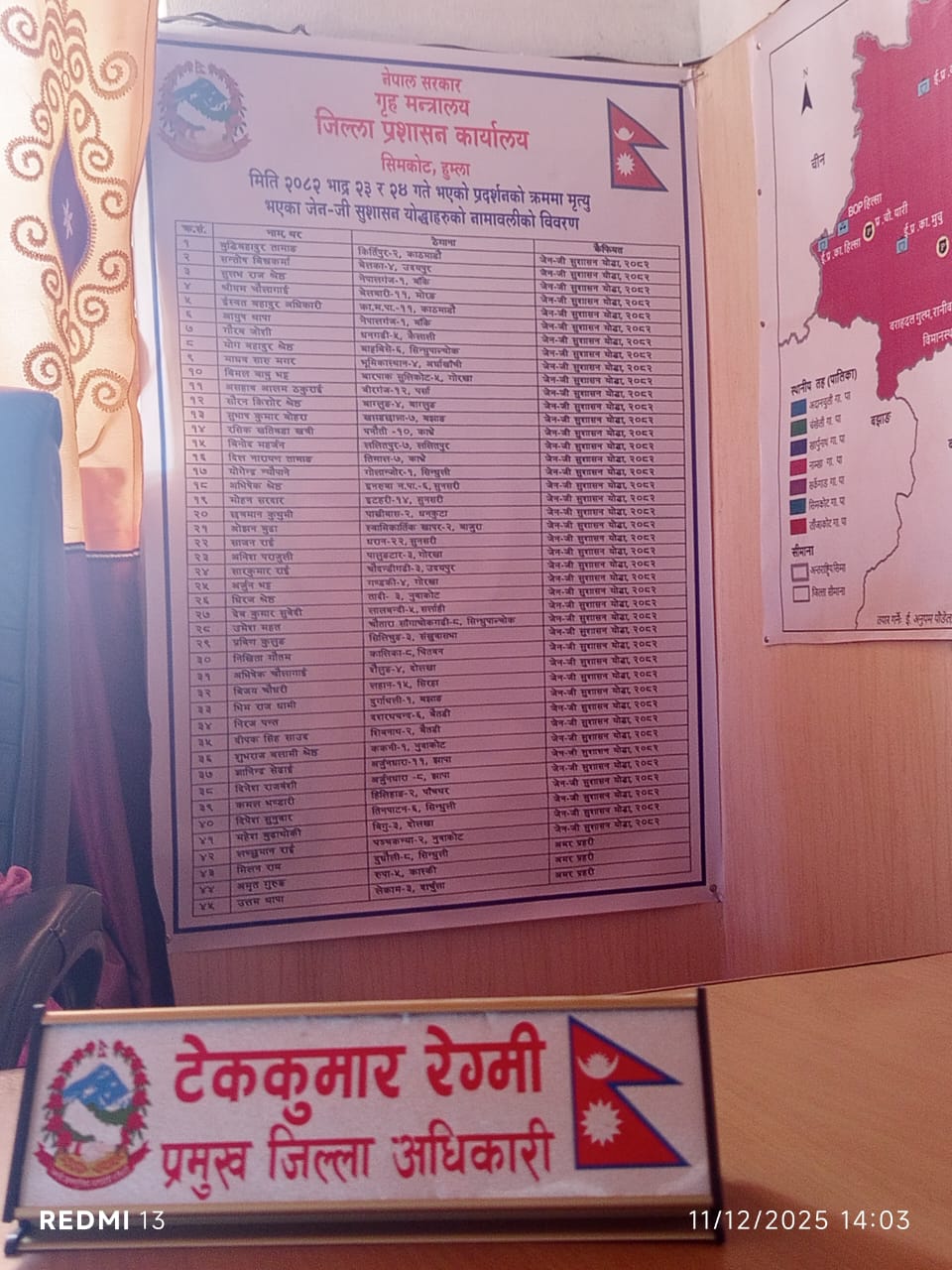 हुम्लाको सीडीओ कार्यालयमा टाँसियो जेनजी शहीदहरूको नाम