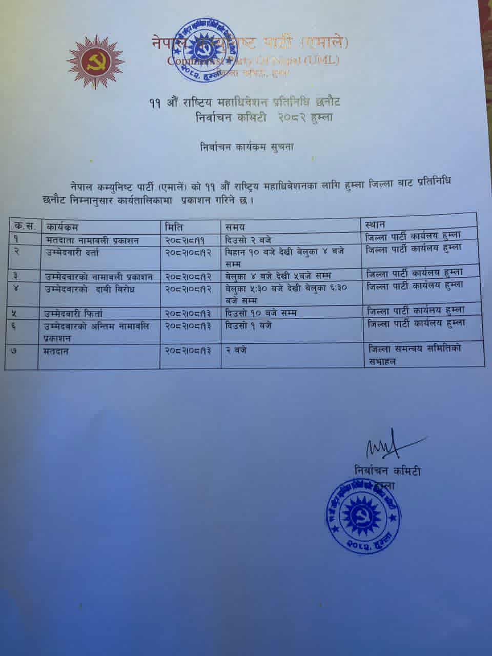 नेकपा एमाले हुम्लाको ११ औं महाधिवेशनको प्रतिनिधि छनौटको काम आजबाट सुरु